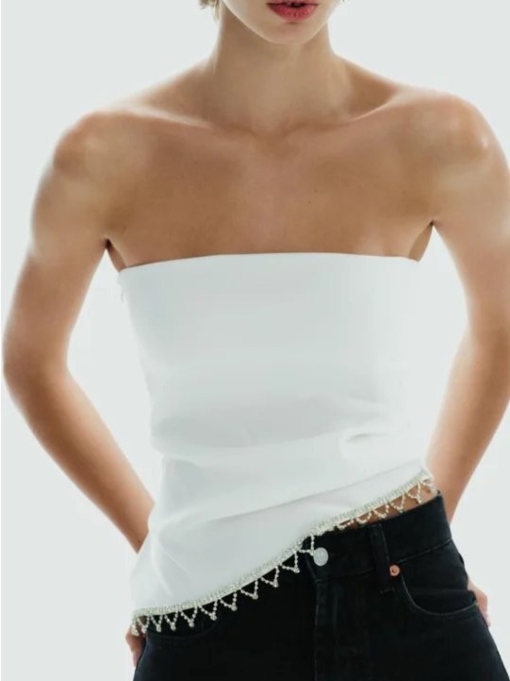 Zara White Strapless Tube Top with Beaded Hem